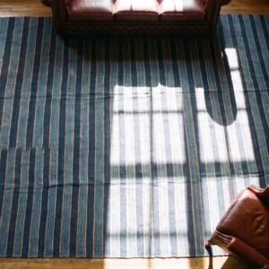 Large Square Flatwoven Blue Antique Striped Dhurrie Rug (SKU 24156) - styled overhead view