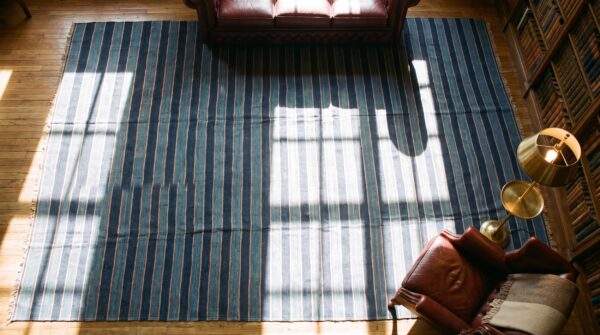 Large square flatwoven blue antique striped dhurrie rug 2 Large square flatwoven blue antique striped dhurrie rug (sku 24156) - styled overhead view