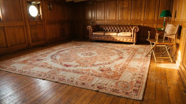 Antique large square french floral medallion hand knotted pile rug 6 Antique large square french floral medallion hand knotted pile rug (sku 21088) - room view