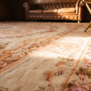 Antique Large Square French Floral Medallion Hand Knotted Pile Rug (SKU 21088) - in-room detail