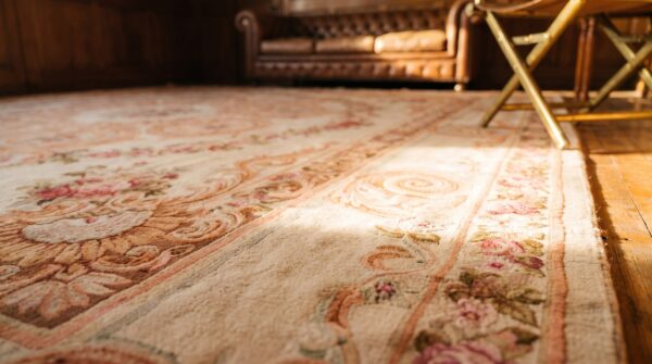 Antique large square french floral medallion hand knotted pile rug 7 Antique large square french floral medallion hand knotted pile rug (sku 21088) - in-room detail