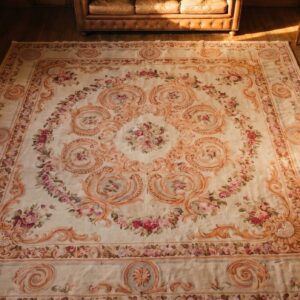 Antique Large Square French Floral Medallion Hand Knotted Pile Rug (SKU 21088) - styled overhead view