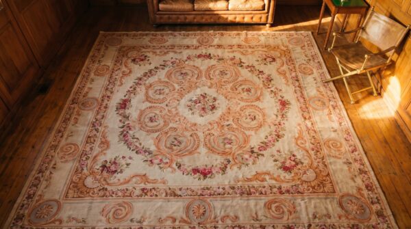 Antique large square french floral medallion hand knotted pile rug 2 Antique large square french floral medallion hand knotted pile rug (sku 21088) - styled overhead view