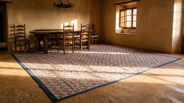 Antique large square geometric cotton dhurrie flatwoven rug 6 Antique large square geometric cotton dhurrie flatwoven rug (sku 21160) - room view
