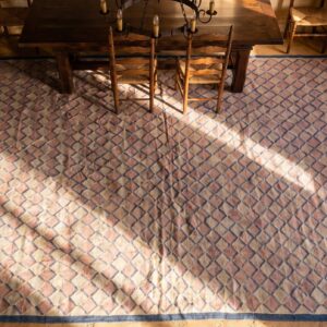 Antique Large Square Geometric Cotton Dhurrie Flatwoven Rug (SKU 21160) - styled overhead view