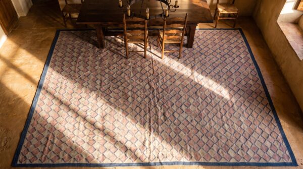 Antique large square geometric cotton dhurrie flatwoven rug 2 Antique large square geometric cotton dhurrie flatwoven rug (sku 21160) - styled overhead view