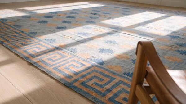 Large square geometric mid century modern cotton dhurrie flatweave rug 7 Large square geometric mid century modern cotton dhurrie flatweave rug (sku 21303) - in-room detail