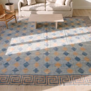 Large Square Geometric Mid Century Modern Cotton Dhurrie Flatweave Rug (SKU 21303) - styled overhead view