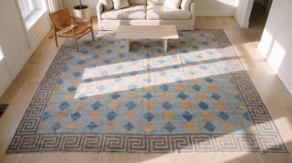Large square geometric mid century modern cotton dhurrie flatweave rug 2 Large square geometric mid century modern cotton dhurrie flatweave rug (sku 21303) - styled overhead view