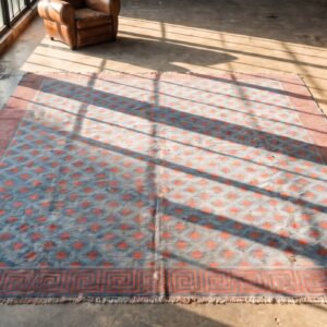 Large Square Antique Indian Tribal Allover Geometric Cotton Dhurrie Rug (SKU 21304) - styled overhead view