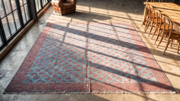 Large square antique indian tribal allover geometric cotton dhurrie rug 2 Large square antique indian tribal allover geometric cotton dhurrie rug (sku 21304) - styled overhead view