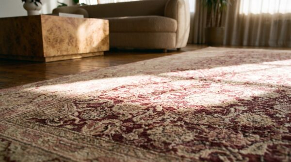Large square antique mid-19th century indian agra carpet, red 16 Large square antique mid-19th century indian agra carpet, red (sku 17456) - in-room detail