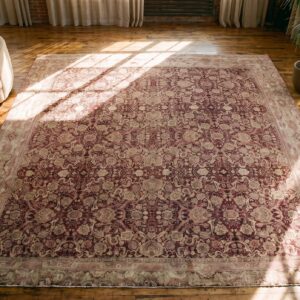 Large Square Antique Mid-19th Century Indian Agra Carpet, Red (SKU 17456) - styled overhead view