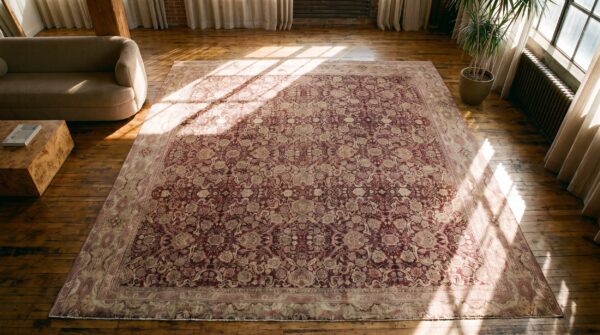 Large square antique mid-19th century indian agra carpet, red 2 Large square antique mid-19th century indian agra carpet, red (sku 17456) - styled overhead view