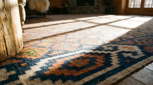 Antique large square tribal geometric flatwoven dhurrie rug 9 Antique large square tribal geometric flatwoven dhurrie rug (sku 24152) - in-room detail