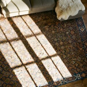 Antique Large Square Tribal Geometric Flatwoven Dhurrie Rug (SKU 24152) - styled overhead view