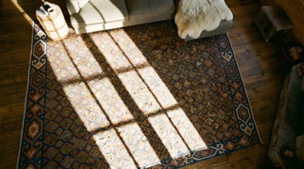 Antique large square tribal geometric flatwoven dhurrie rug 2 Antique large square tribal geometric flatwoven dhurrie rug (sku 24152) - styled overhead view