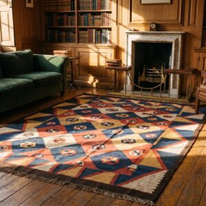 Antique Large Tajik Kilim Tajikistan Flat Weave Rug (SKU 18661) - styled overhead view