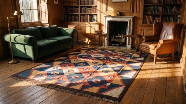 Antique large tajik kilim tajikistan flat weave rug 2 Antique large tajik kilim tajikistan flat weave rug (sku 18661) - styled overhead view