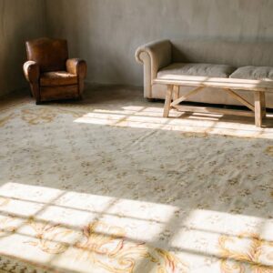 Large Antique Trellis Lattice Design Light Ivory Color Spanish Savonnerie Carpet (SKU 19654) - room view