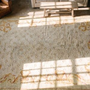 Large Antique Trellis Lattice Design Light Ivory Color Spanish Savonnerie Carpet (SKU 19654) - styled overhead view