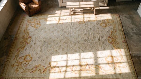 Large antique trellis lattice design light ivory color spanish savonnerie carpet 2 Large antique trellis lattice design light ivory color spanish savonnerie carpet (sku 19654) - styled overhead view