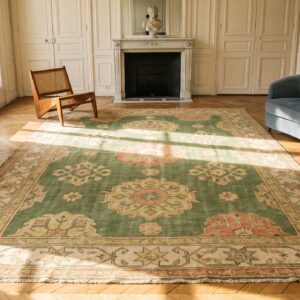 Large Tribal Antique Warm Green Turkish Oushak Large Room Size Rug (SKU 20183) - room view
