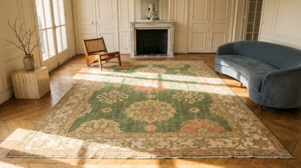 Large tribal antique warm green turkish oushak large room size rug 5 Large tribal antique warm green turkish oushak large room size rug (sku 20183) - room view