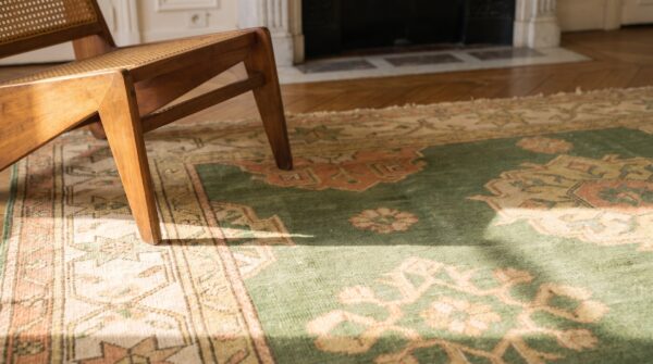 Large tribal antique warm green turkish oushak large room size rug 6 Large tribal antique warm green turkish oushak large room size rug (sku 20183) - in-room detail