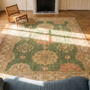 Large Tribal Antique Warm Green Turkish Oushak Large Room Size Rug (SKU 20183) - styled overhead view