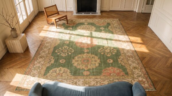 Large tribal antique warm green turkish oushak large room size rug 2 Large tribal antique warm green turkish oushak large room size rug (sku 20183) - styled overhead view
