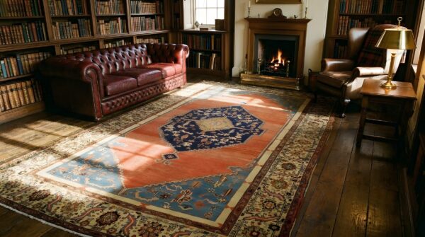 Antique large yellow bakshaish persian medallion knotted rug 10 Antique large yellow bakshaish persian medallion knotted rug (sku 23845) - room view