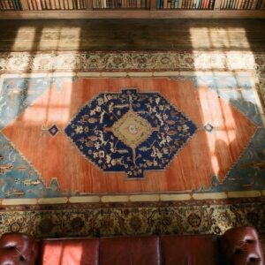 Antique Large Yellow Bakshaish Persian Medallion Knotted Rug (SKU 23845) - styled overhead view