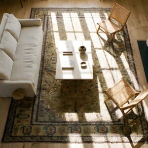 Antique Large Yellow Caucasian Karabagh Allover Geometric Knotted Rug (SKU 25130) - styled overhead view