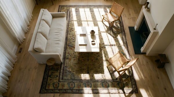 Antique large yellow caucasian karabagh allover geometric knotted rug 2 Antique large yellow caucasian karabagh allover geometric knotted rug (sku 25130) - styled overhead view