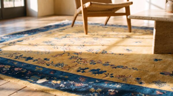 Antique large yellow chinese - art deco knotted rug 9 Antique large yellow chinese - art deco knotted rug (sku 23431) - in-room detail