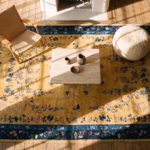 Antique Large Yellow Chinese - Art Deco Knotted Rug (SKU 23431) - styled overhead view