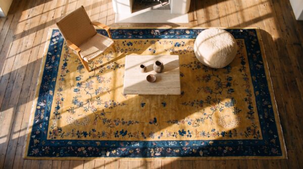 Antique large yellow chinese - art deco knotted rug 2 Antique large yellow chinese - art deco knotted rug (sku 23431) - styled overhead view