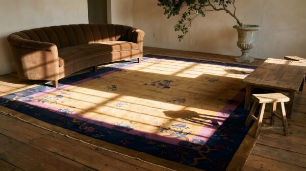 Antique large yellow chinese art deco hand knotted pile rug 10 Antique large yellow chinese art deco hand knotted pile rug (sku 24907) - room view