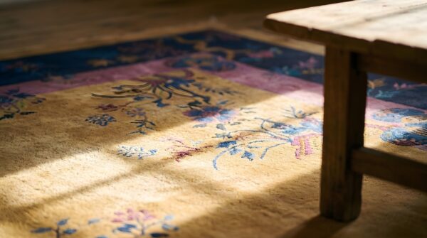 Antique large yellow chinese art deco hand knotted pile rug 11 Antique large yellow chinese art deco hand knotted pile rug (sku 24907) - in-room detail