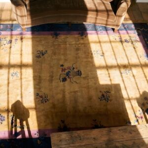 Antique Large Yellow Chinese Art Deco Hand Knotted Pile Rug (SKU 24907) - styled overhead view