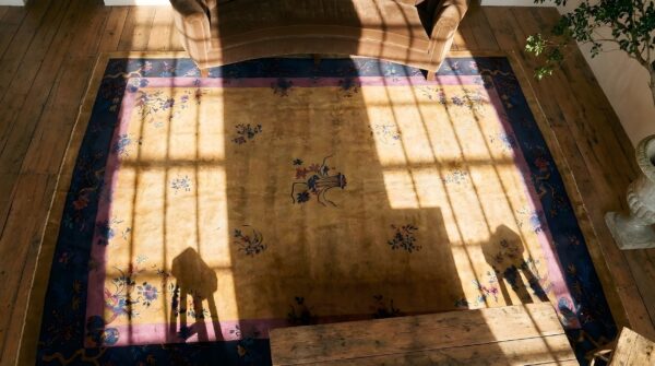 Antique large yellow chinese art deco hand knotted pile rug 2 Antique large yellow chinese art deco hand knotted pile rug (sku 24907) - styled overhead view