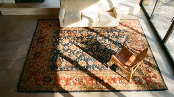 Late 19th century antique allover design blue persian sultanabad rug 2 Late 19th century antique allover design blue persian sultanabad rug (sku 23268) - styled overhead view
