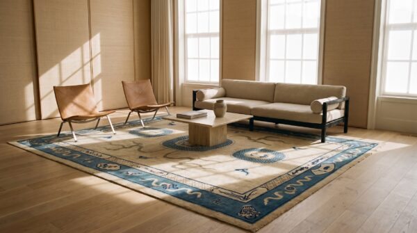 Late 19th century antique artistic ivory chinese peking dragon reindeer bird and koi fish rug (sku 23311) - room view
