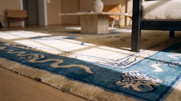 Late 19th century antique artistic ivory chinese peking dragon reindeer bird and koi fish rug (sku 23311) - in-room detail