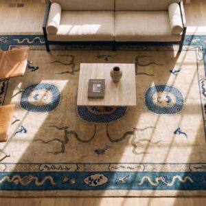 Late 19th Century Antique Artistic Ivory Chinese Peking Dragon Reindeer Bird and Koi Fish Rug (SKU 23311) - styled overhead view