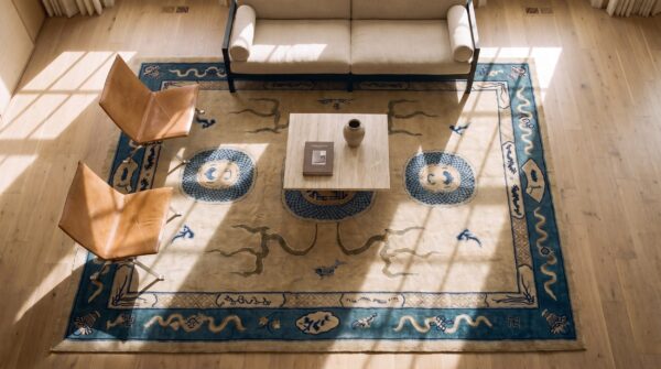 Late 19th century antique artistic ivory chinese peking dragon reindeer bird and koi fish rug (sku 23311) - styled overhead view