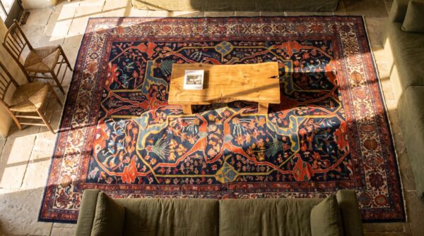 Late 19th century blue antique allover tribal garous design persian malayer rug 2 Late 19th century blue antique allover tribal garous design persian malayer rug (sku 21231) - styled overhead view