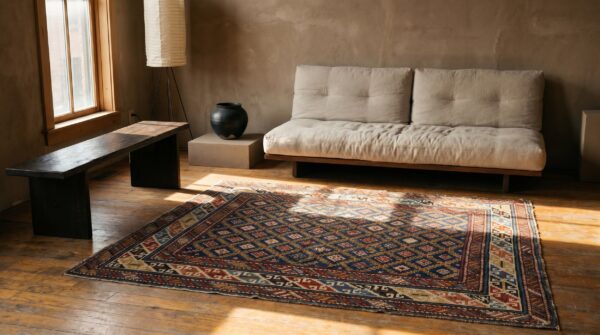 Late 19th century antique blue square tribal geometric caucasian shirvan rug (sku 18611) - room view