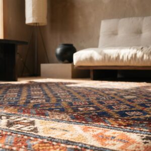 Late 19th Century Antique Blue Square Tribal Geometric Caucasian Shirvan Rug (SKU 18611) - in-room detail